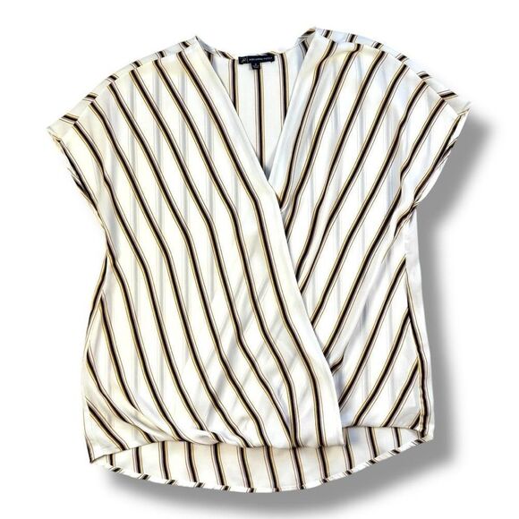 Adrianna Papell Cream Striped V-Neck Wrap Blouse Sz M - Picture 1 of 11